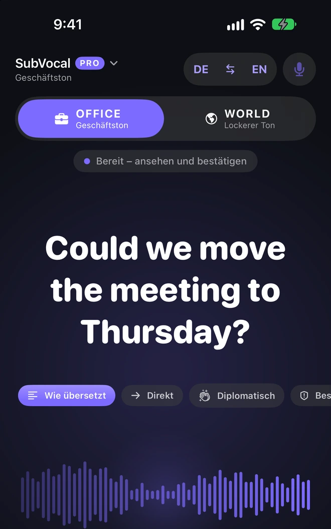 OFFICE ist ein Geschäftston in Pro. Er hat Regeln in 7 Sprachen. In den anderen ändert er den Charakter der Stimme, ohne den Text umzuformulieren.