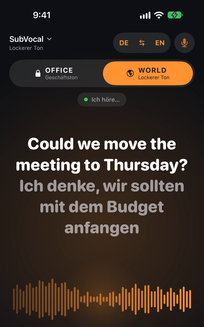 Der fertige Teil bleibt sichtbar. Darunter erscheinen die Wörter, die du gerade flüsterst.