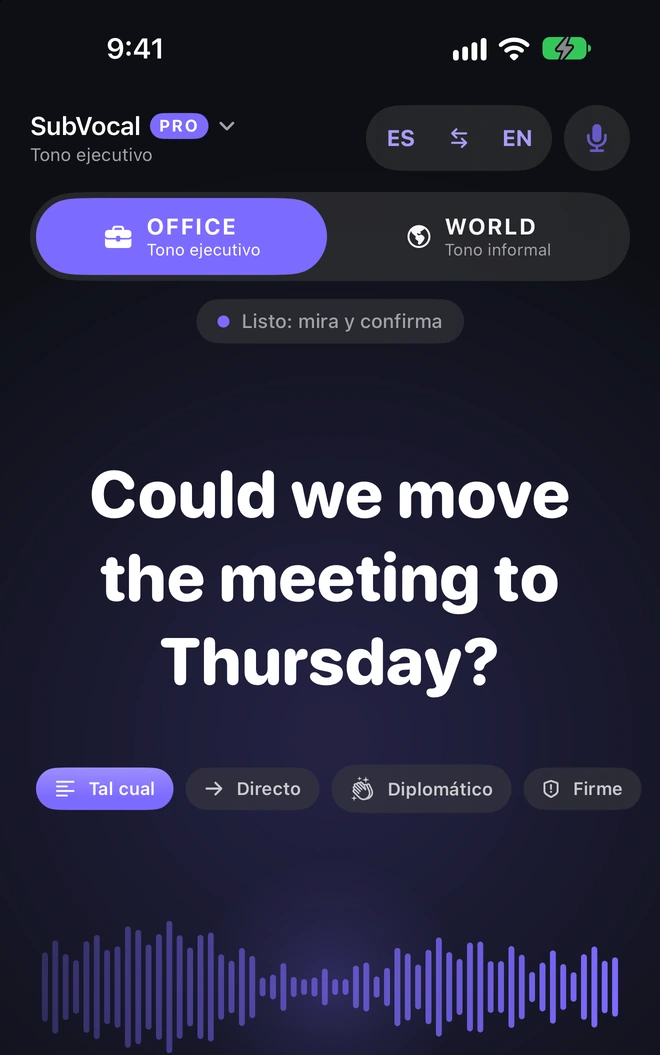 OFFICE es el tono profesional disponible en Pro. Tiene reglas en 7 idiomas. En los demás cambia el carácter de la voz, pero no reformula el texto.