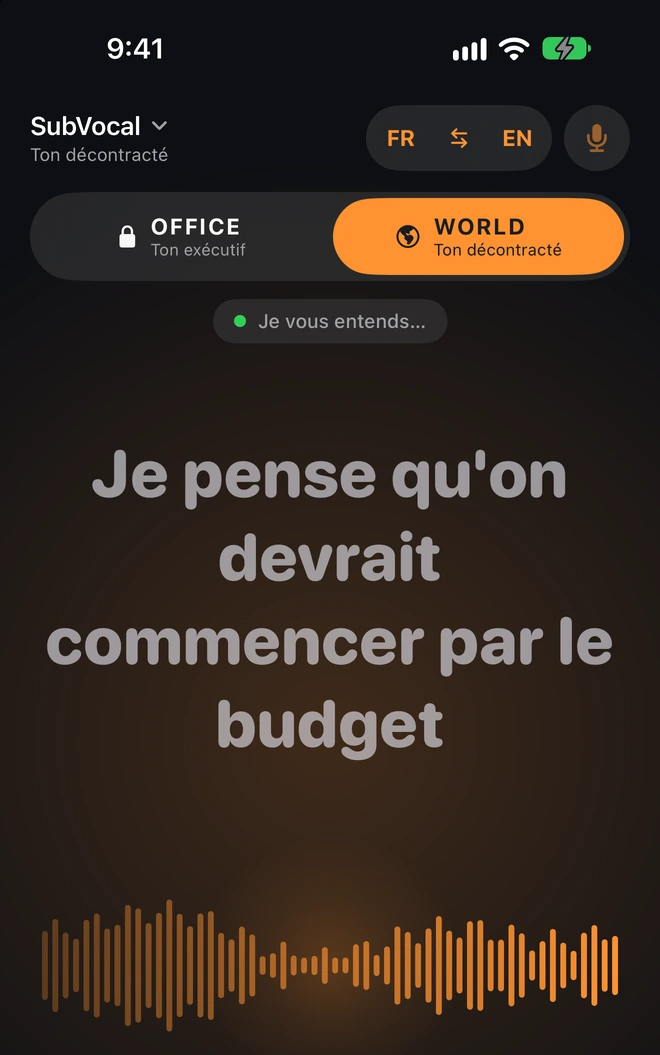 Les mots apparaissent à l’écran pendant l’écoute. Une pause ou «Traduire maintenant» termine l’intervention.