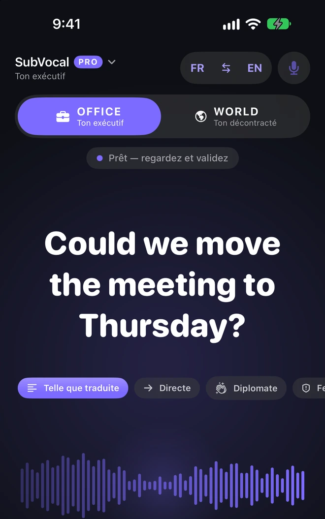 OFFICE est le ton professionnel disponible dans Pro. Il applique des règles dans 7 langues. Dans les autres, il modifie le caractère de la voix sans reformuler le texte.