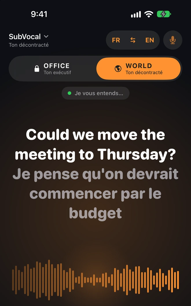La partie prête reste visible. En dessous apparaissent les mots que vous chuchotez.