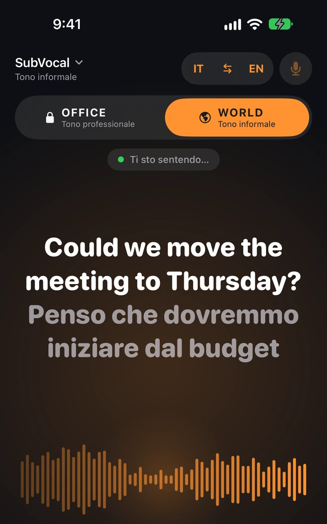 Continui a vedere la parte pronta. Sotto appaiono le parole che stai sussurrando.