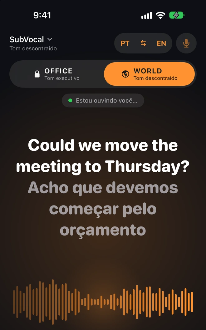 Você continua vendo a parte pronta. Abaixo aparecem as palavras que está sussurrando.
