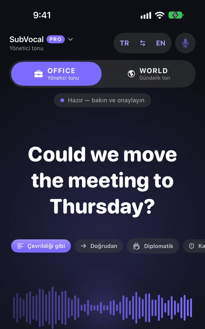 OFFICE, Pro’da bulunan yönetici tonudur. 7 dilde kuralları vardır. Diğerlerinde metni yeniden yazmadan sesin karakterini değiştirir.