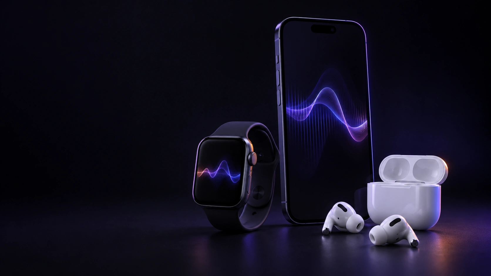 iPhone showing OFFICE, Apple Watch with a ready message, and AirPods.