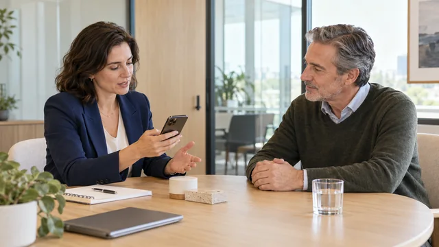 A woman checks a sentence on her iPhone during a client meeting.