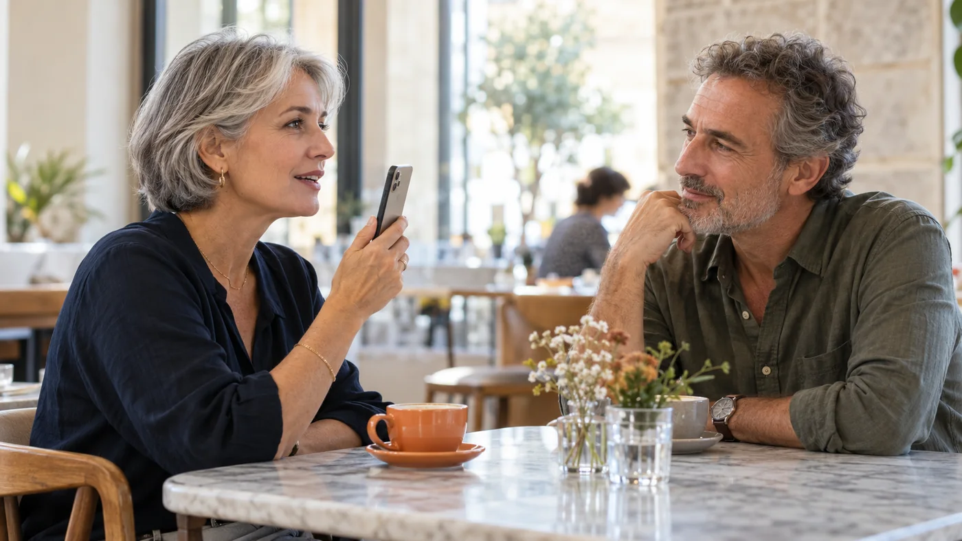 A woman quietly prepares a sentence on her iPhone while talking with a friend in a cafe.