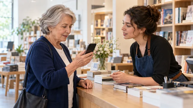 A woman reads her iPhone screen while the bookseller opposite her answers.