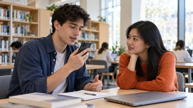 A student prepares a sentence on his iPhone while meeting a fellow student in a library.