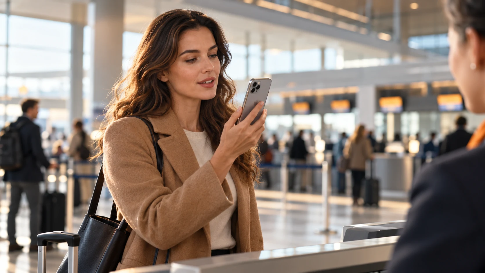 A traveler checks her iPhone during a face-to-face conversation with an airport agent.